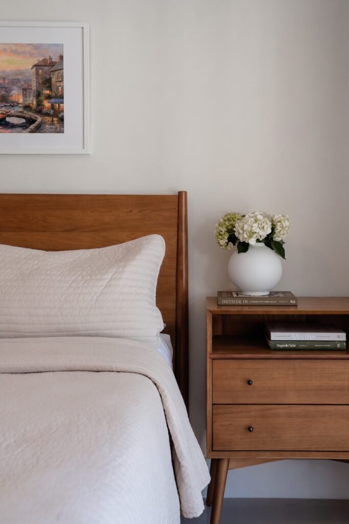 5_Bedroom_Shot_2_F Miami Shores Residence bedroom with walnut nightstand and layered bedding — Duoma Atelier