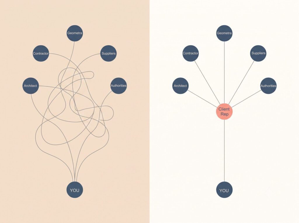 Diagram comparing a fragmented multi-vendor renovation structure with a single client representative model in Italy