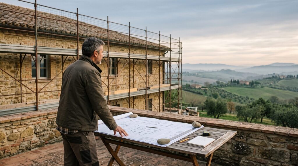 Construction manager reviewing renovation drawings on site at a luxury villa in Emilia-Romagna, Italy