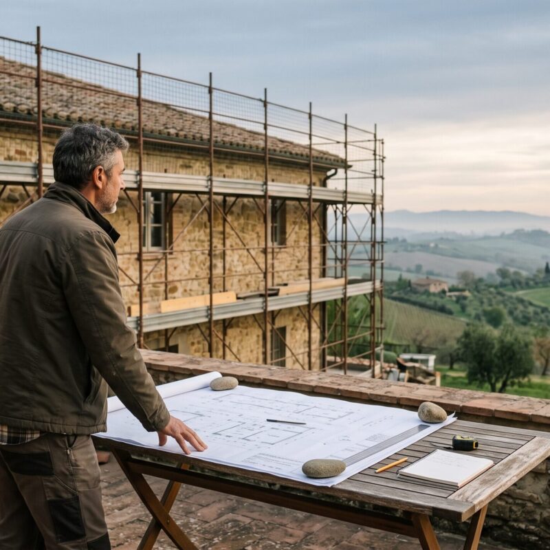 Construction manager reviewing renovation drawings on site at a luxury villa in Emilia-Romagna, Italy