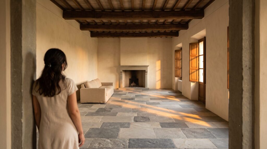 Owner stepping into the finished living room of a restored luxury villa in Italy at golden hour