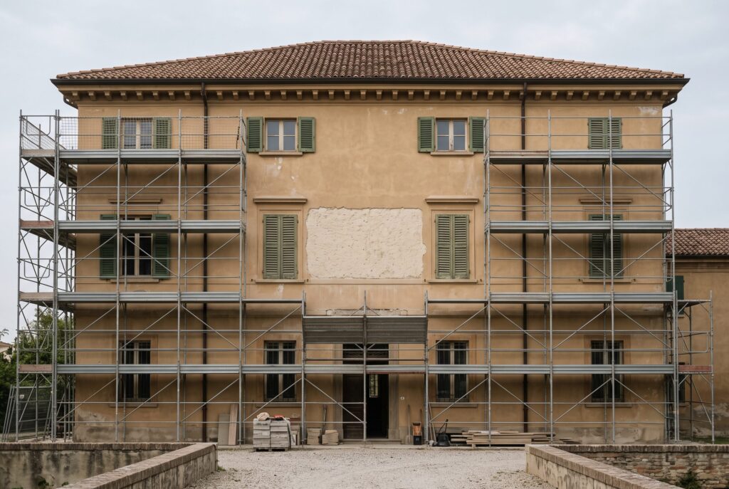 Scaffolding against the protected stucco facade of a historic Italian villa undergoing heritage-approved restoration