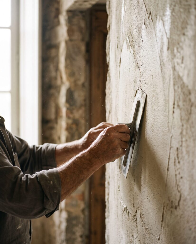Italian master craftsman hand-finishing lime stucco during a luxury villa renovation