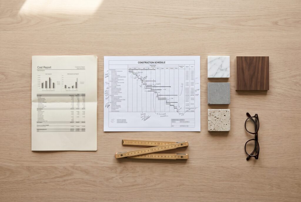 Renovation schedule, cost report and stone and timber material samples on a work table during an Italian villa renovation