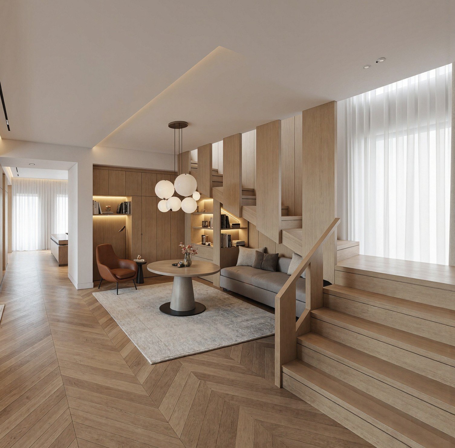 Rendering of the open-plan living area at Villa Galella in Rimini, by Duoma Atelier